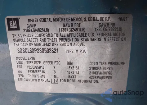 2008 Saturn Vue 4-Cyl Xe from USA, damaged, VIN 3GSCL33P28S593321